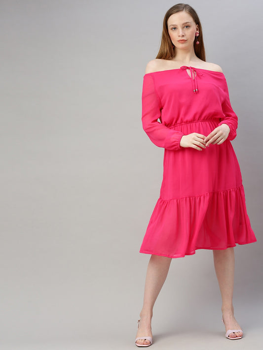 Pink Solid Off-Shoulder Fit and Flare Dress With Tie-Ups