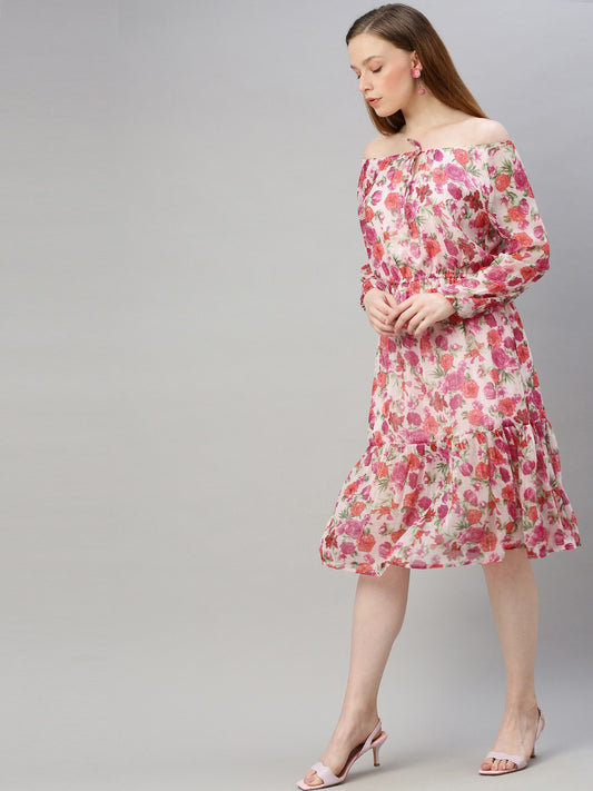 White & Pink Floral Printed Fit and Flare Dress With Tie-ups