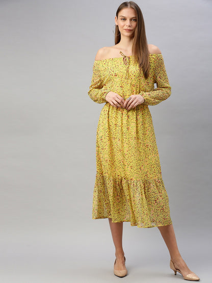 Yellow & Green Ditsy Floral Printed Fit and Flare Dress With Tie-ups