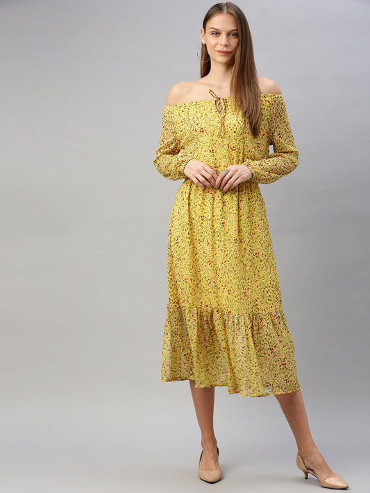 Yellow & Green Ditsy Floral Printed Fit and Flare Dress With Tie-ups
