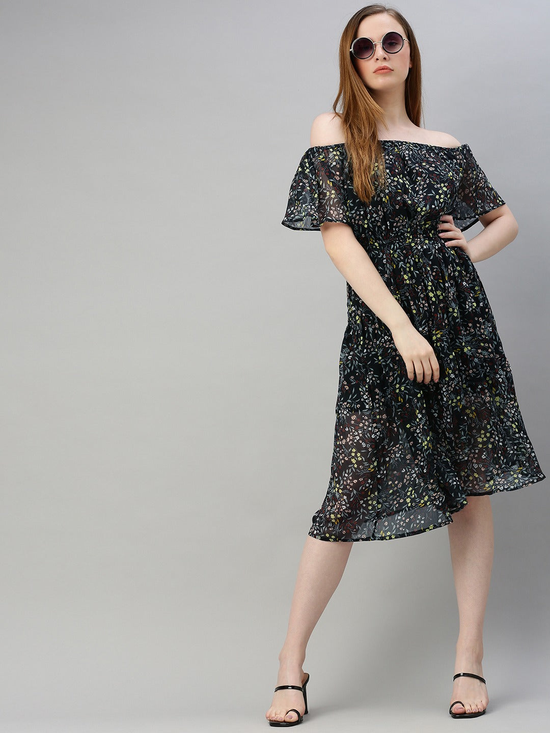 Black Floral Printed Off Shoulder Fit and Flare Dress