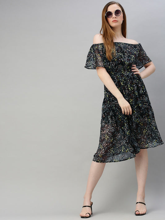 Black Floral Printed Off Shoulder Fit and Flare Dress