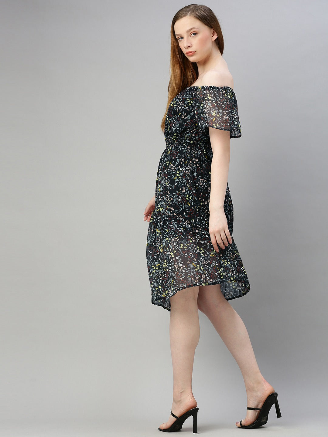 Black Floral Printed Off Shoulder Fit and Flare Dress
