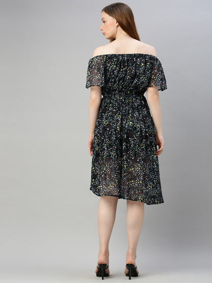 Black Floral Printed Off Shoulder Fit and Flare Dress