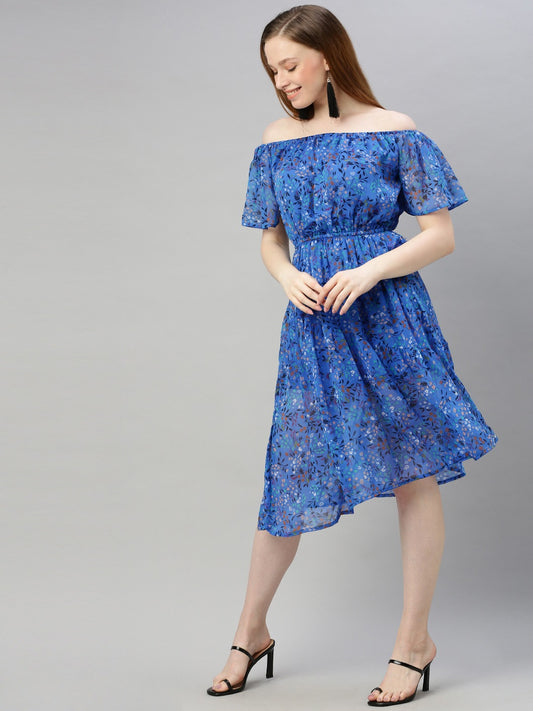 Blue & Black Floral Printed Off-Shoulder Fit and Flare Dress