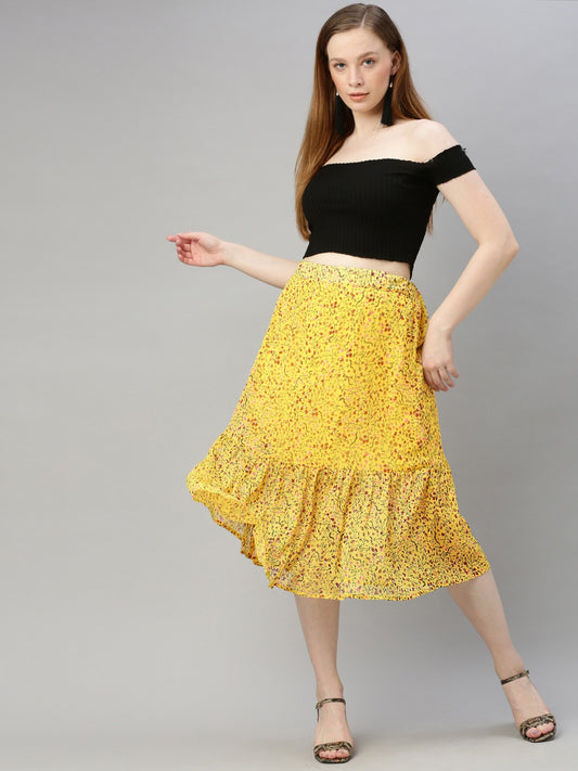 Yellow & Maroon Floral Printed Flared Skirt
