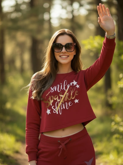 Rust White Printed Crop Sweatshirt for Women Trendy Winter Casual Wear