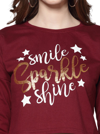 Rust White Printed Crop Sweatshirt for Women Trendy Winter Casual Wear