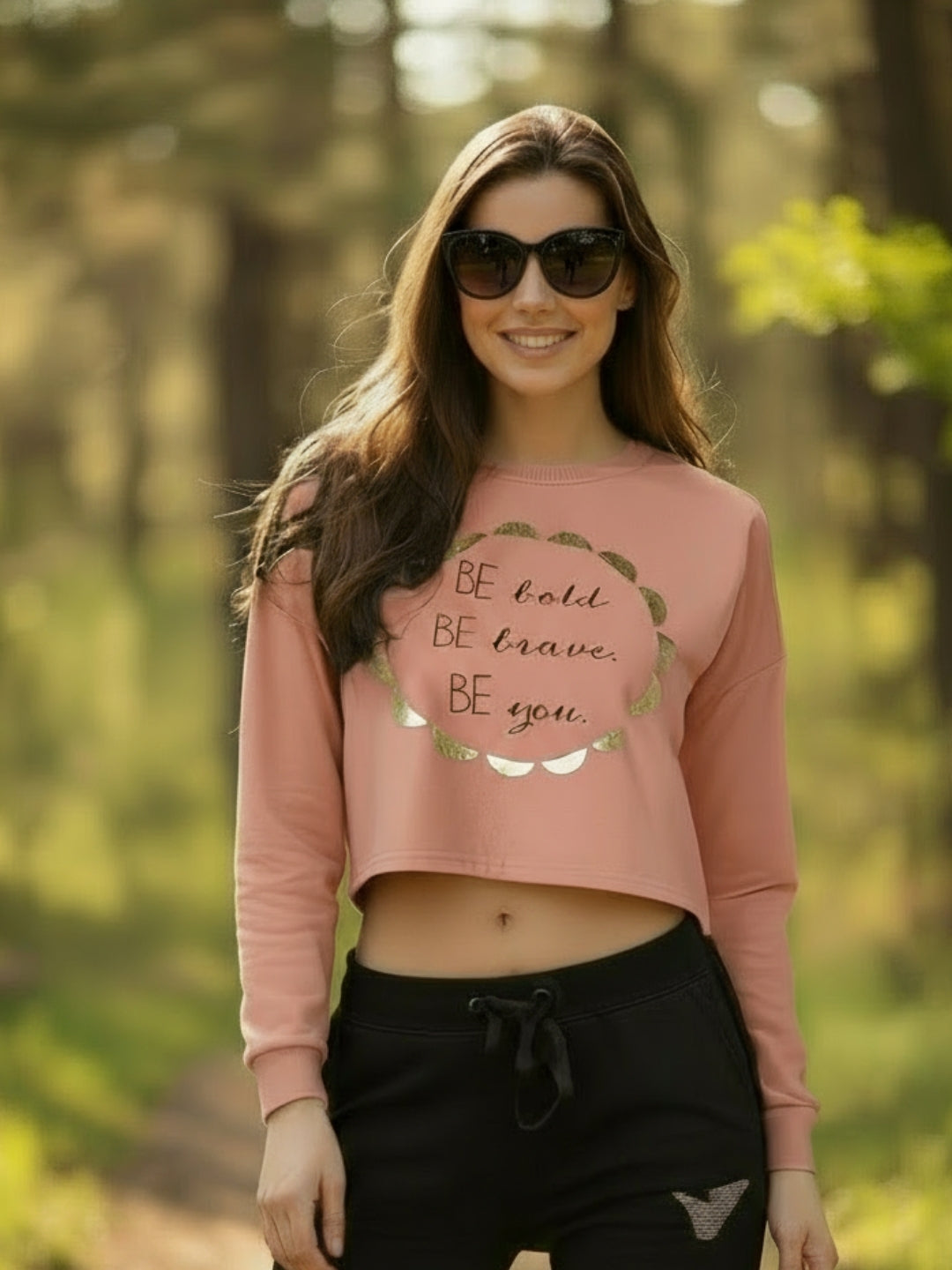 Pink Gold Printed Crop Sweatshirt for Women Trendy Winter Casual Wear