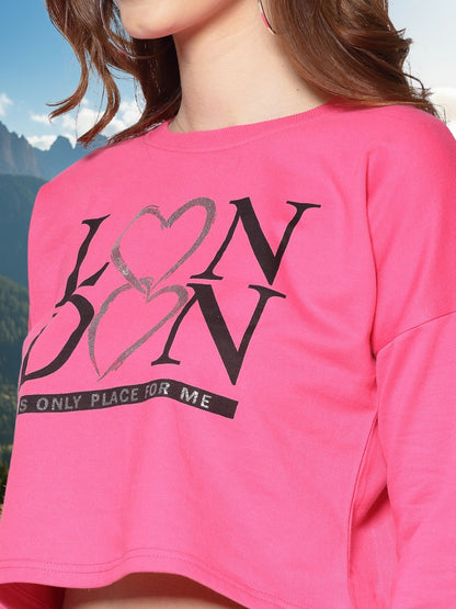 Fushia Black Printed Crop Sweatshirt for Women Trendy Winter Casual Wear