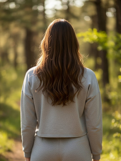 Grey Yellow Printed Crop Sweatshirt for Women Trendy Winter Casual Wear