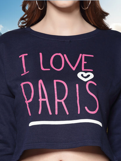Navy Pink Printed Crop Sweatshirt for Women Trendy Winter Casual Wear