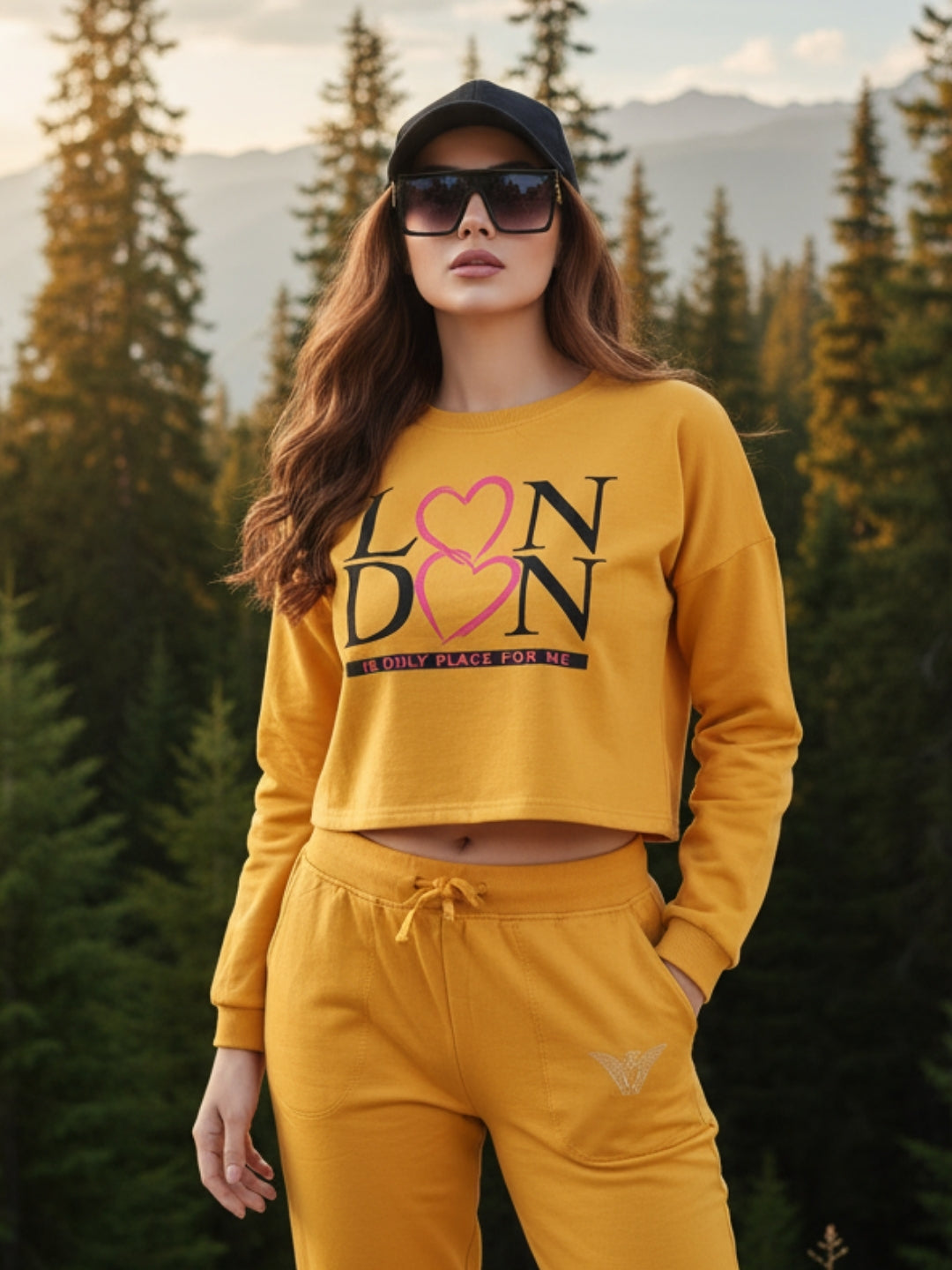 Mustard Yellow Printed Crop Sweatshirt for Women Trendy Winter Casual Wear