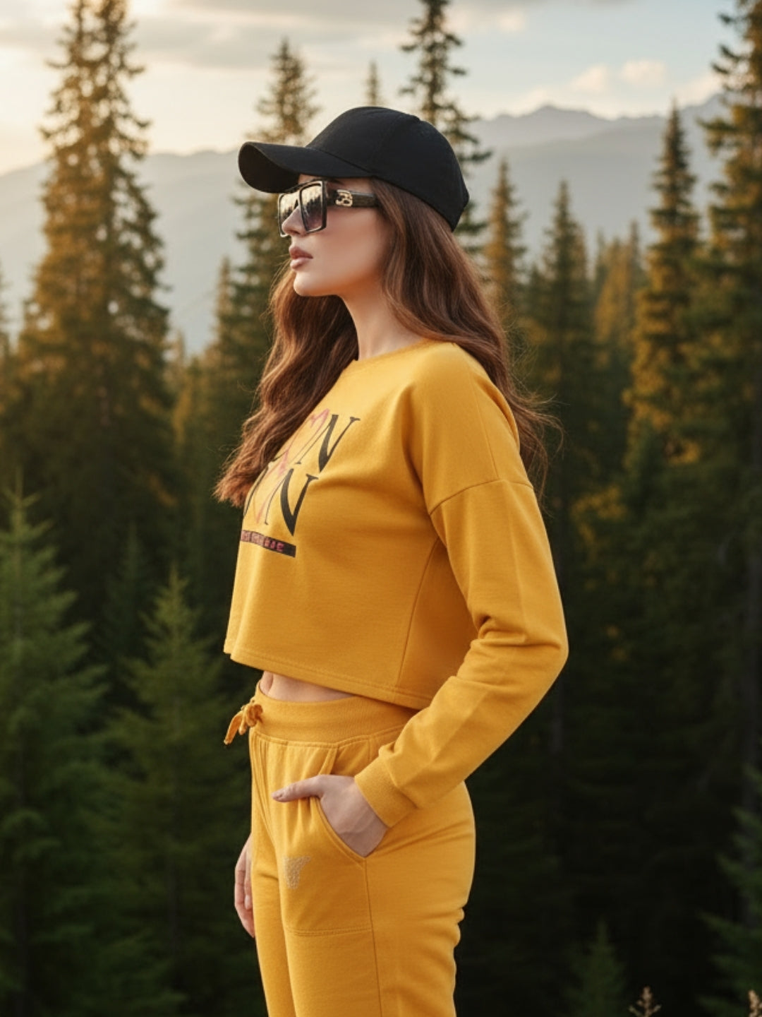 Mustard Yellow Printed Crop Sweatshirt for Women Trendy Winter Casual Wear
