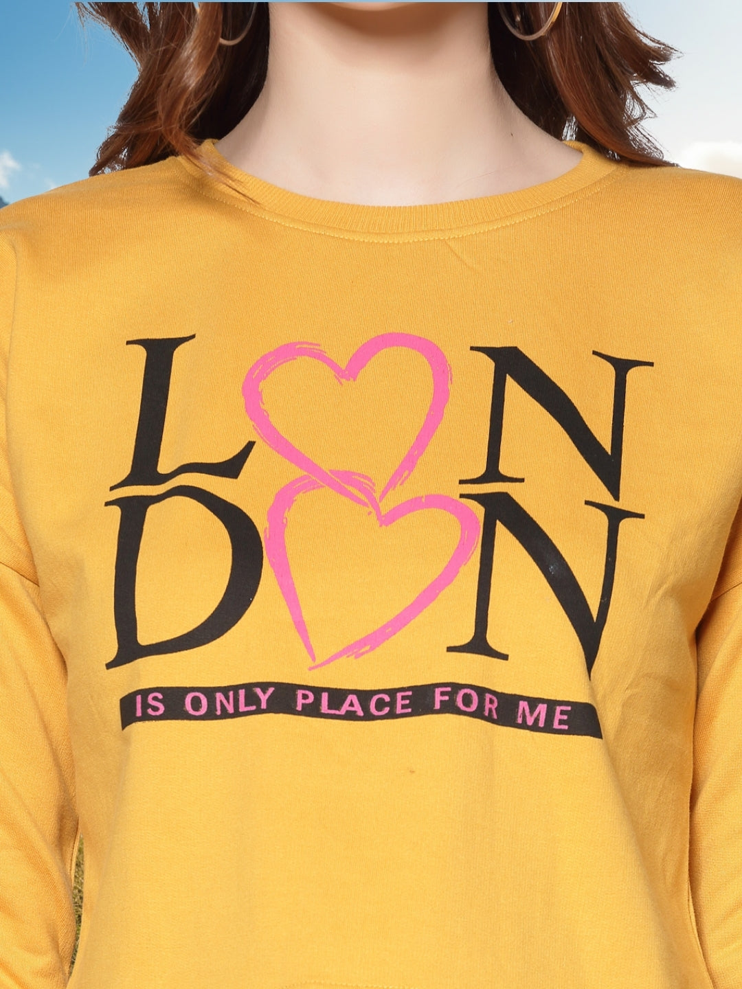 Mustard Yellow Printed Crop Sweatshirt for Women Trendy Winter Casual Wear