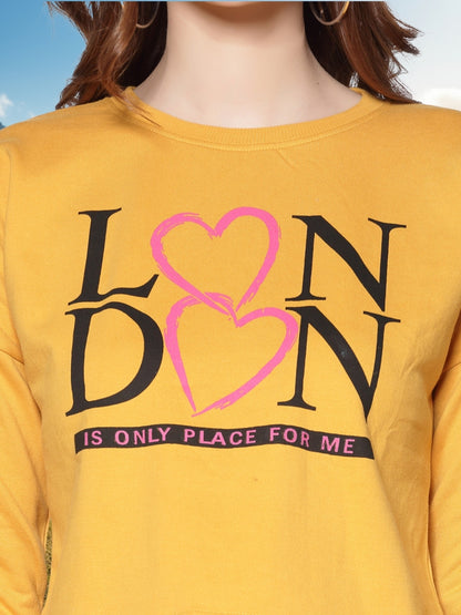 Mustard Yellow Printed Crop Sweatshirt for Women Trendy Winter Casual Wear