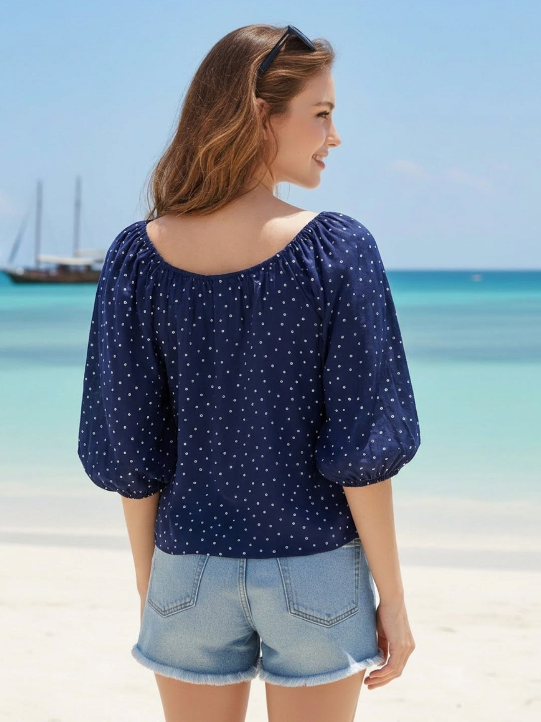 Polka Dot Baloon Sleeve Crop Top