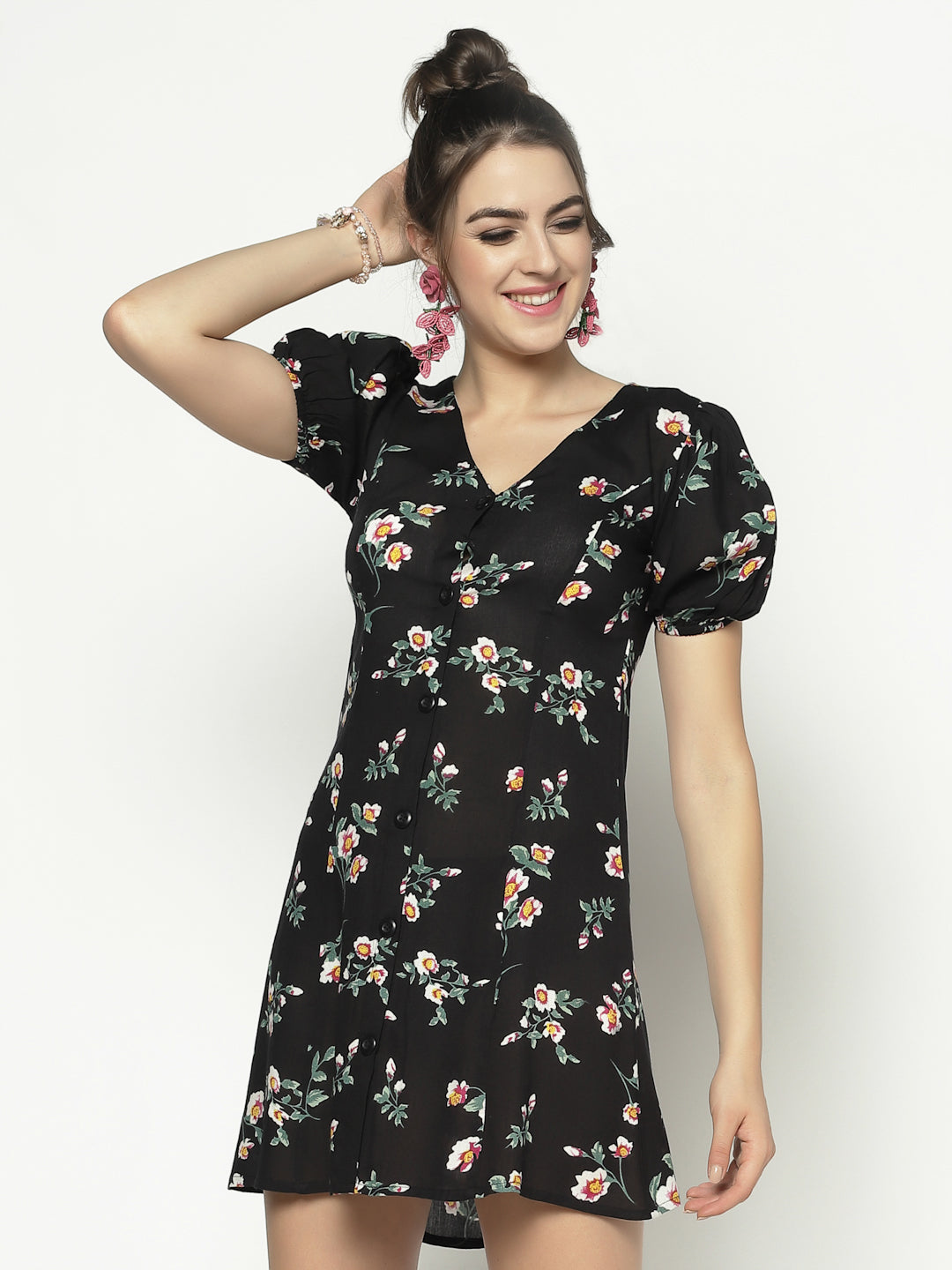 A Line Dress With Puff Sleeve