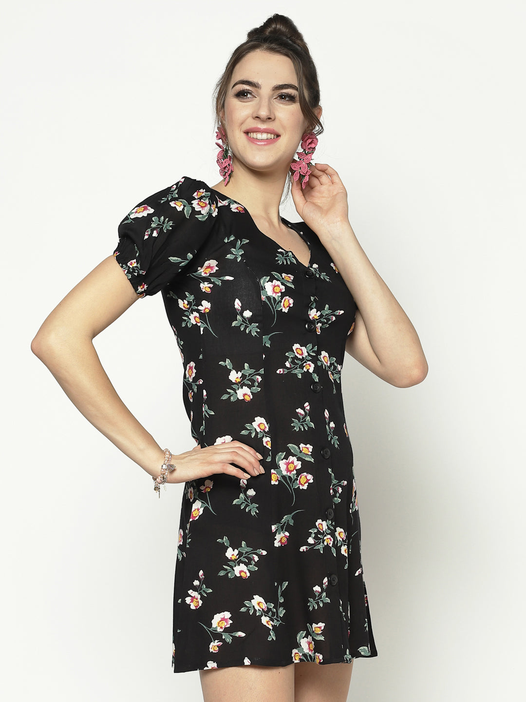 A Line Dress With Puff Sleeve