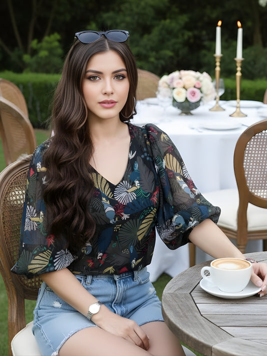 Sera WomenTropical V-Neck Crop Tops