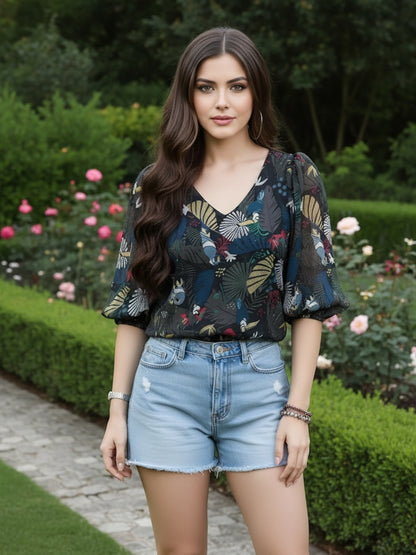 Sera WomenTropical V-Neck Crop Tops