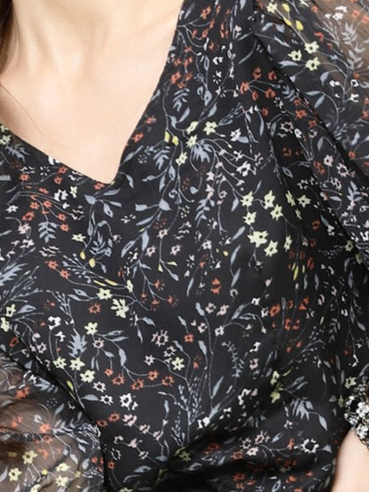 Women Black Floral Print Bohemian Top