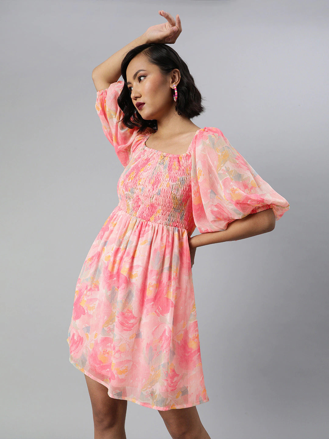 Smocked volume sleeve dress