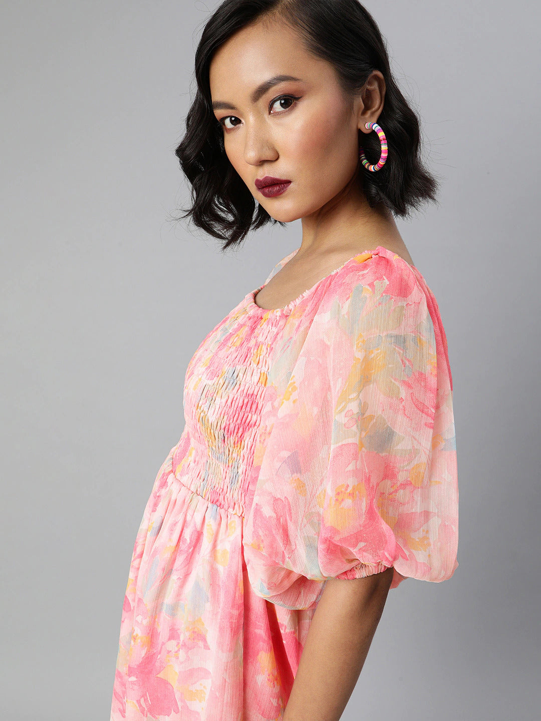 Smocked volume sleeve dress