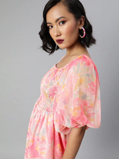 Smocked volume sleeve dress