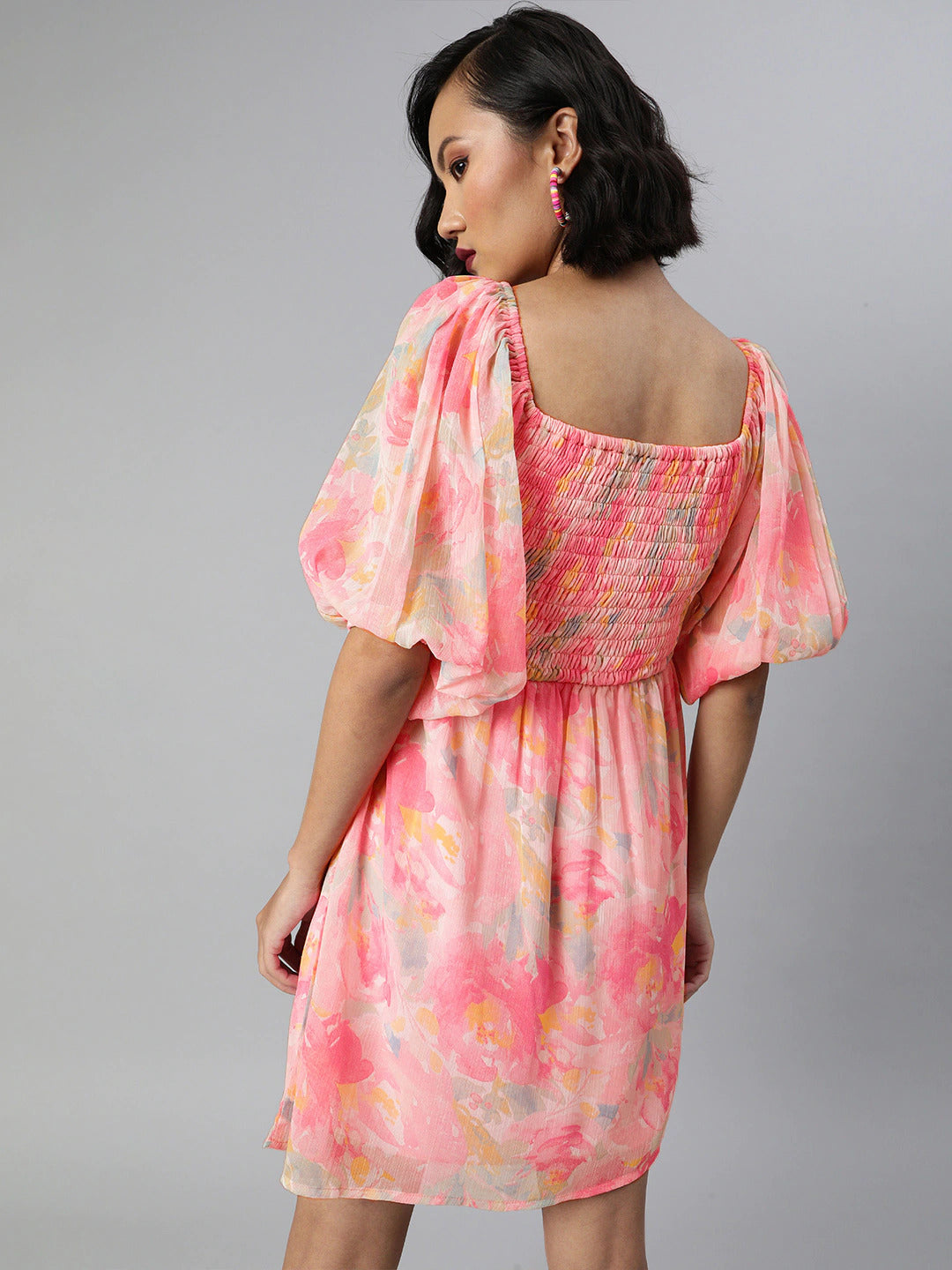Smocked volume sleeve dress