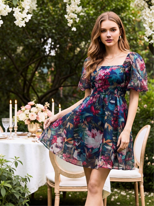 Floral Drama Puff Sleeve Organza Statement Style Mini Dress