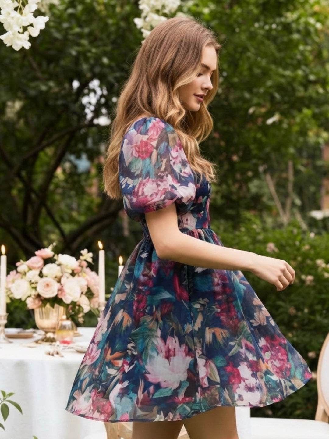 Floral Drama Puff Sleeve Organza Statement Style Mini Dress