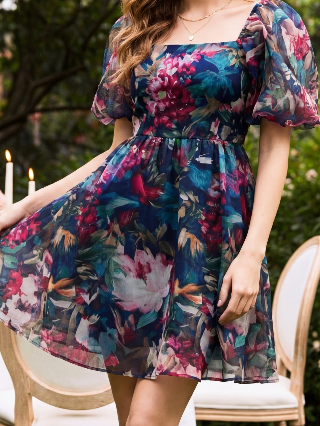 Floral Drama Puff Sleeve Organza Statement Style Mini Dress