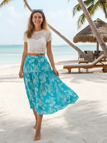 Turquoise Floral Midi Skirt for Women  Summer Vacation A-Line Skirt  Lightweight Casual Wear
