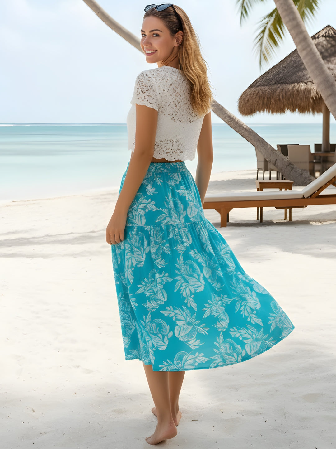 Turquoise Floral Midi Skirt for Women  Summer Vacation A-Line Skirt  Lightweight Casual Wear