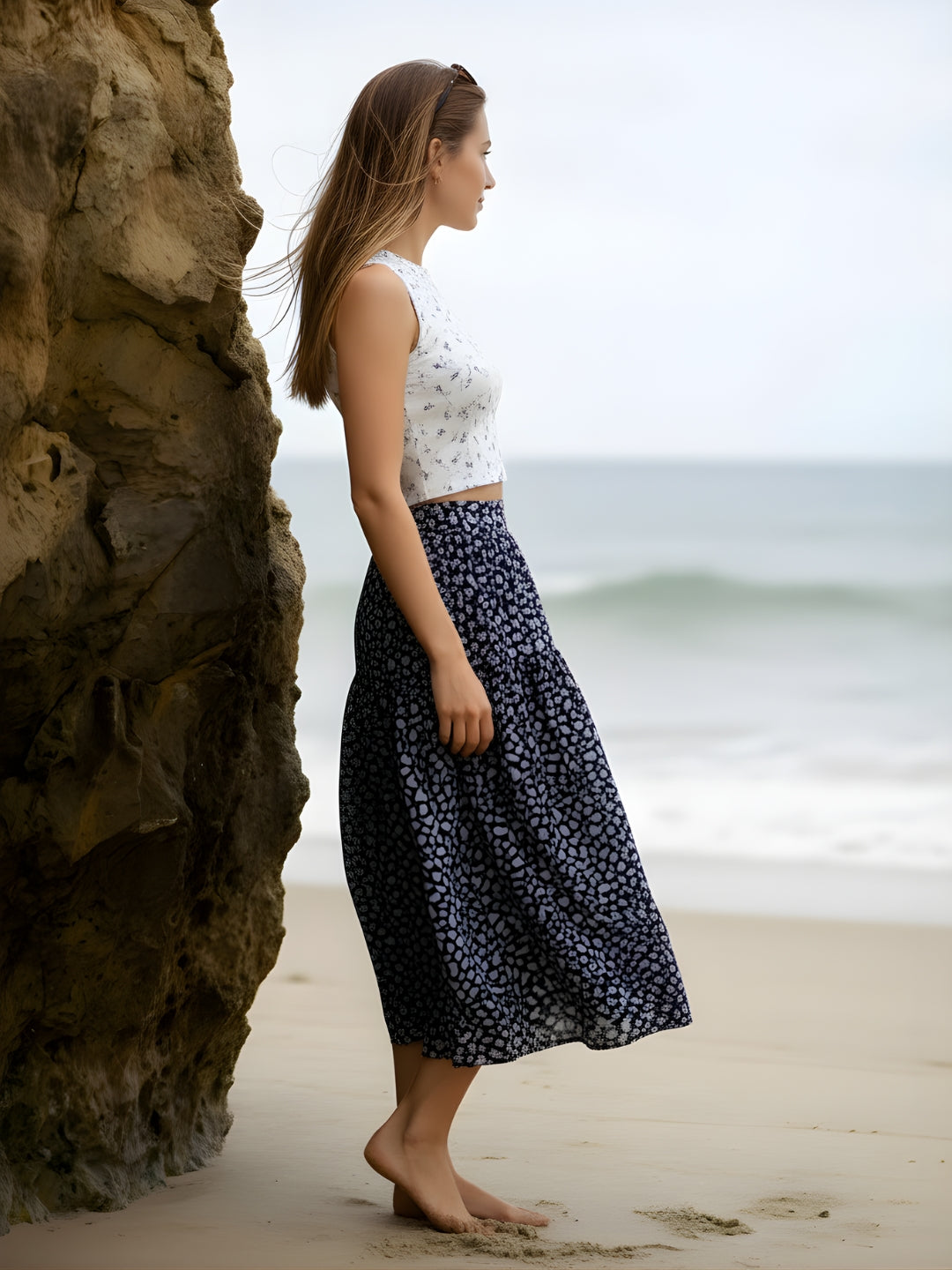 Black Floral Midi Skirt for Women | Summer A-Line Skirt | Casual & Vacation Wear