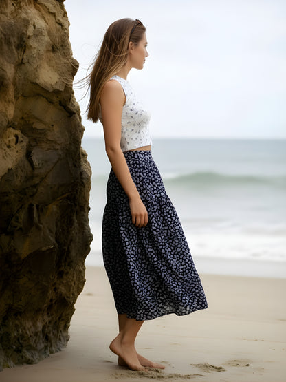 Black Floral Midi Skirt for Women | Summer A-Line Skirt | Casual & Vacation Wear