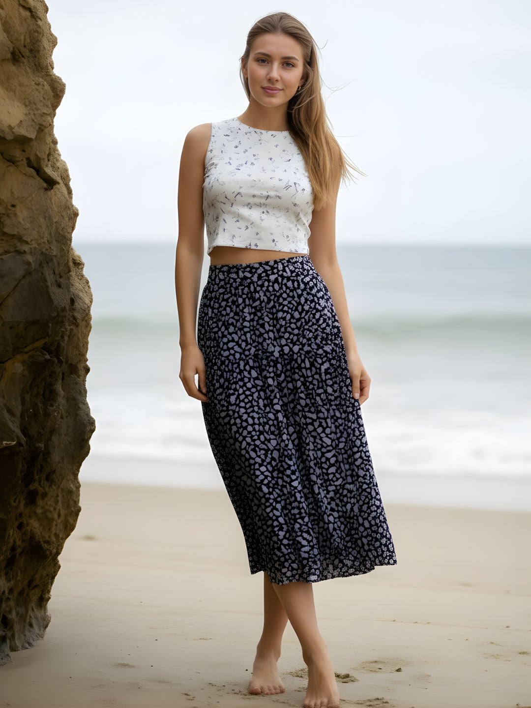 Black Floral Midi Skirt for Women | Summer A-Line Skirt | Casual & Vacation Wear