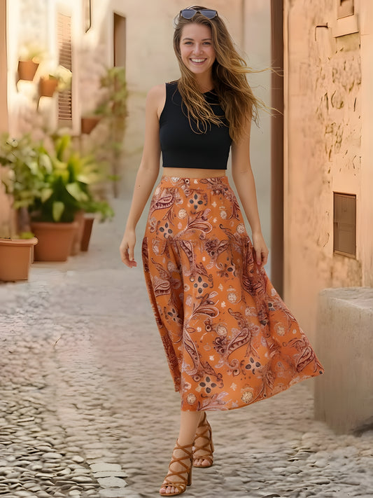 Rust Orange Paisley Midi Skirt for Women | Boho Summer A-Line Skirt | Vacation & Casual Wear