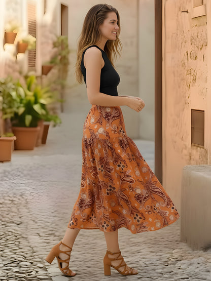 Rust Orange Paisley Midi Skirt for Women | Boho Summer A-Line Skirt | Vacation & Casual Wear