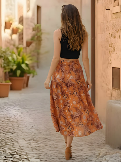 Rust Orange Paisley Midi Skirt for Women | Boho Summer A-Line Skirt | Vacation & Casual Wear