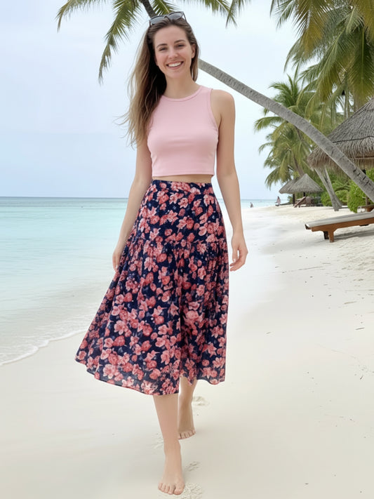 Navy Blue Floral Midi Skirt for Women | Summer Casual A-Line Skirt | Vacation & Daywear