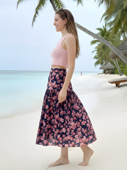 Navy Blue Floral Midi Skirt for Women | Summer Casual A-Line Skirt | Vacation & Daywear