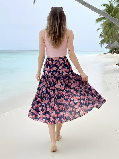 Navy Blue Floral Midi Skirt for Women | Summer Casual A-Line Skirt | Vacation & Daywear