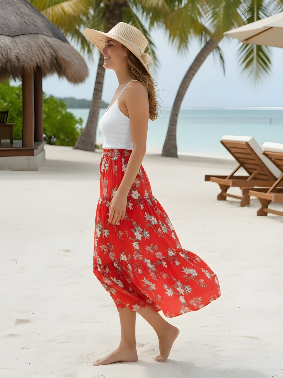 Red Floral Midi Skirt for Women | Summer A-Line Skirt | Vacation & Casual Wear