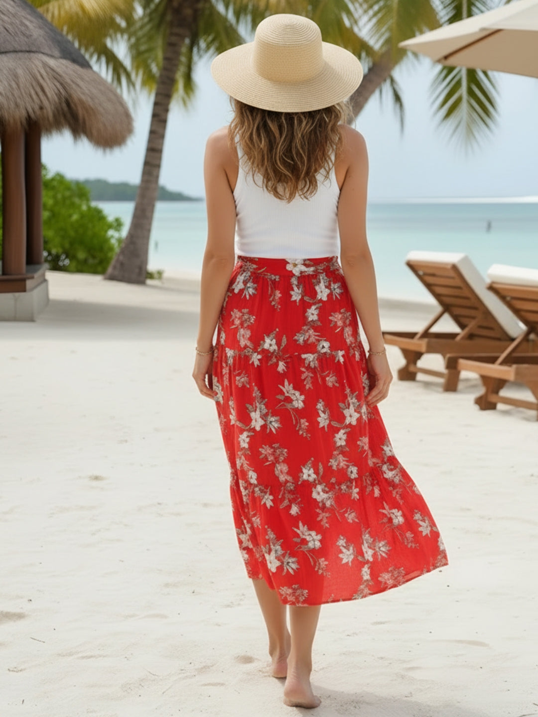 Red Floral Midi Skirt for Women | Summer A-Line Skirt | Vacation & Casual Wear