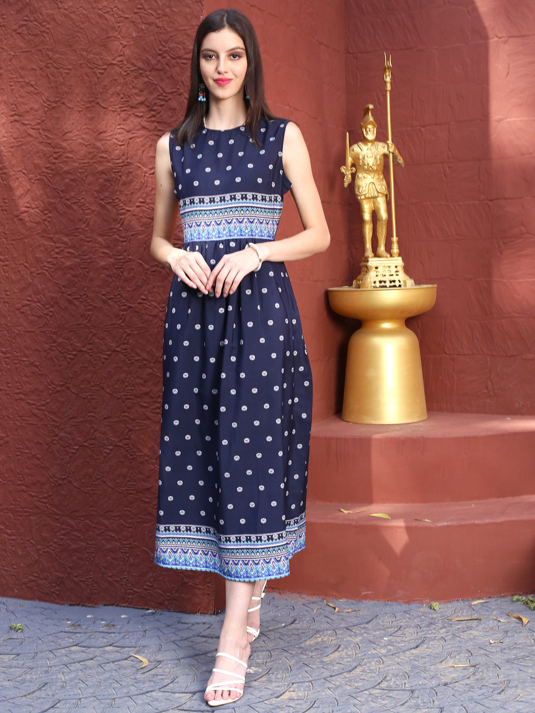 Navy Print Midi Dress