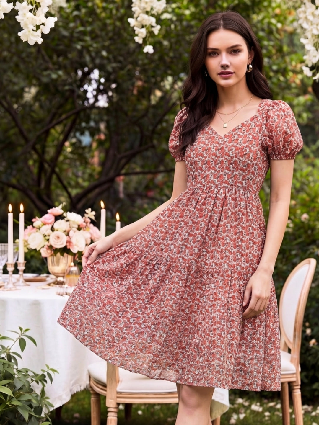 Pink Fit & flared sweetheart neck dress