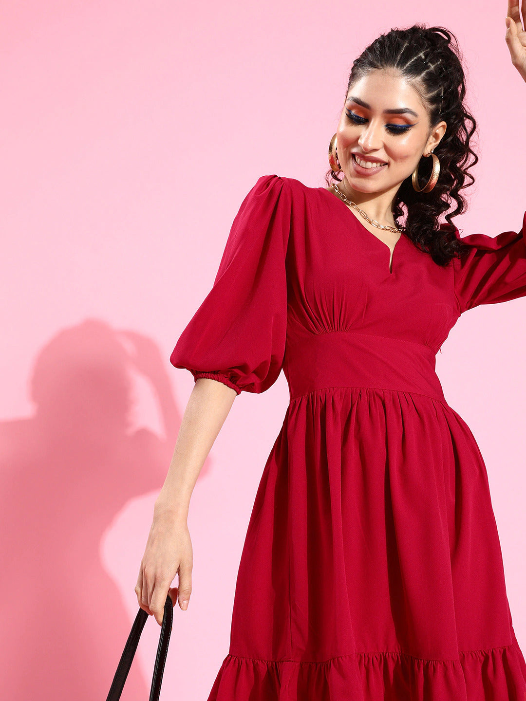 Waisted volume sleeve dress