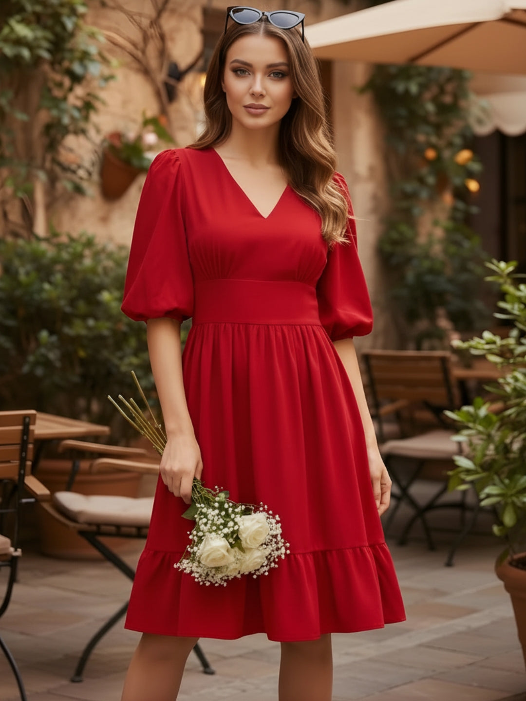 Maroon Puff Sleeve Fit & Flare Dress